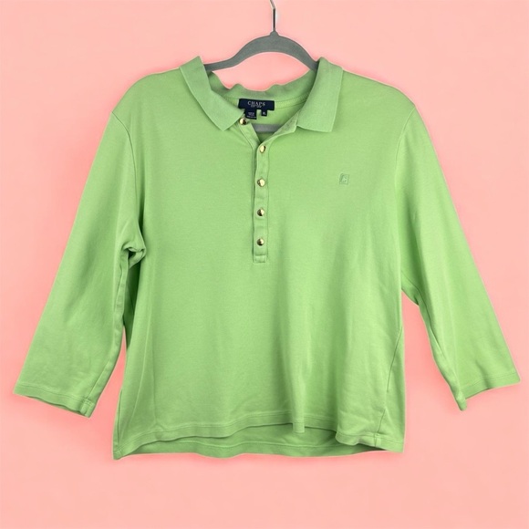Chaps Tops - VTG Chaps Lime Green Polo Shirt Gold Snaps Quarter Sleeve Y2K 90s 100% Cotton XL